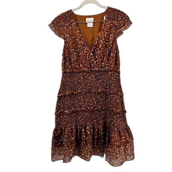 Foxiedox Mini Dress Luna Leopard Print Smocked Ruffle Flutter Sleeve M - Picture 1 of 10